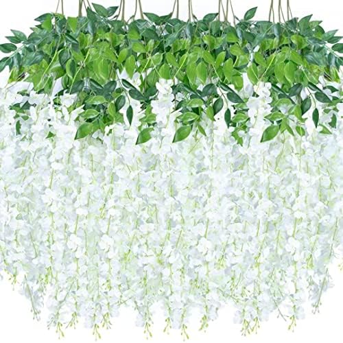 12 Pack Wisteria Flower Vines Garland, 3.75 Feet Artificial Flower Strings, Fake Hanging Flowers, Silk Wisteria Garland Flowers, Wisteria Vine for Wedding, Garden, Wall Decoration (Pure White)