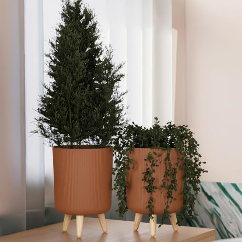 Image of StyleX Store Modern Flower Pot with Plastic Legs | Indoor Outdoor Planter for Home Garden Balcony Decor Ribbed Design Sturdy Plastic Mid-Century Style (Wood Brown Pack of 2)