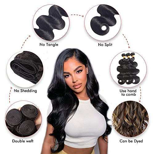 Brazilian Body Wave 3 Bundles With Closure (14 16 18 +12 Closure)100% Unprocessed Body Wave Human Hair Weave With 4X4 Free Part Lace Closure Natural Color (Bundles With Closure) #TOP6