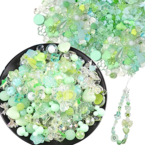 150g(170~230pcs) Aesthetic Acrylic Assorted Beads Cute Beads for Jewelry Making Kawaii Flower Heart Star Butterfly Bow Round Beads Bulk for Bracelets Making Necklaces DIY Crafts (Green)