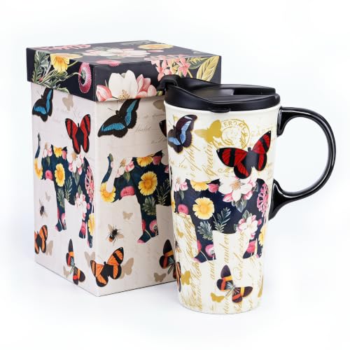 Image of DUSVALLY 500ml Ceramic Travel Mug with Lid, Elephant Mug with Butterflies