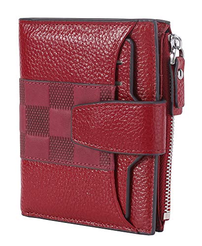 AINIMOER Women's RFID Blocking Leather Small Compact Bi-fold Zipper Pocket Wallet Card Case Purse(Stitched Wine)