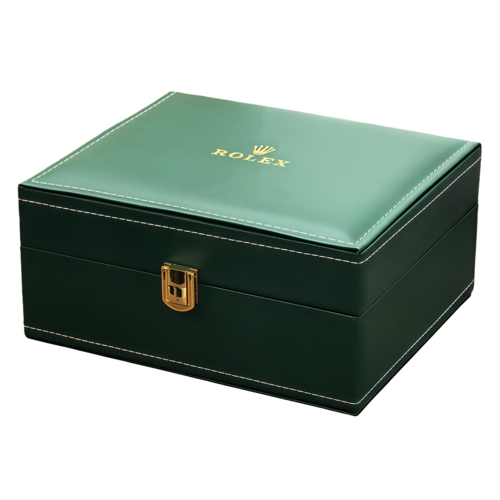 Maletín Reloj Formato Grande Verde Cuero Sintético Pespunte Hardware Dorado Cojín Crema Rejilla Única Hombre para Rolex Submariner Date