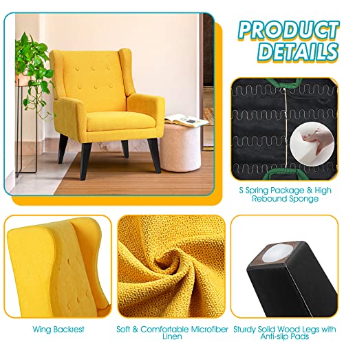 Cdcasa Upholstered Accent Chair, Button Tufted Mid Century Modern Chair Linen Fabric Armchair Comfy Reading Chairs For Living Room, Bedroom,Study Room, Balcony, Office, Yellow, 1 #TOP4