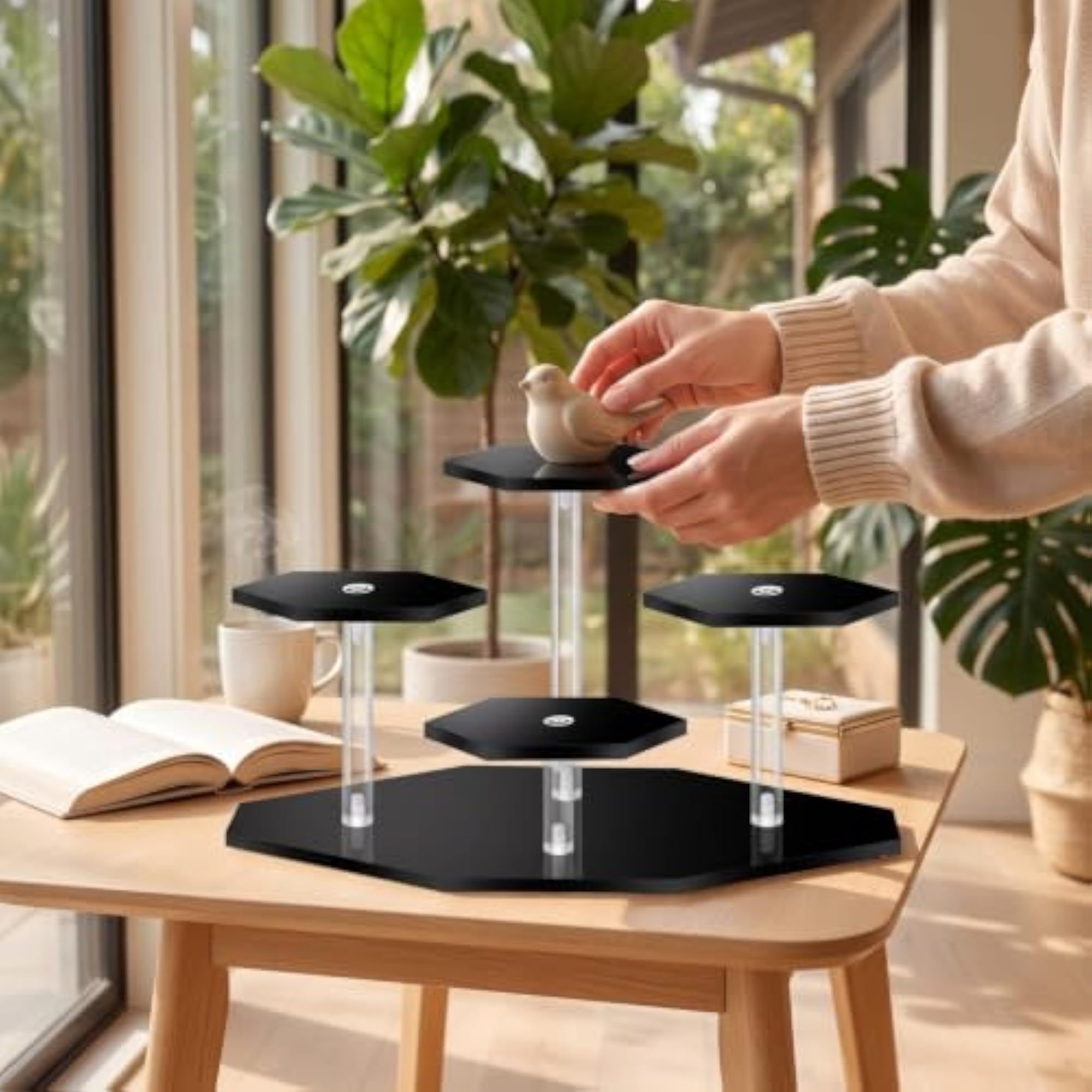 Clear Display Stand with Hexagonal Platforms, Tiered Acrylic