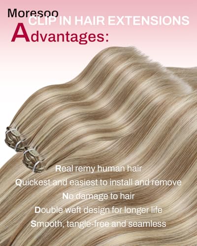 Image of Moresoo Human Hair Clip in Extensions Blonde Highlights Brown Real Human Hair Extensions Clip ins Platinum Blonde with Medium Golden Brown Short 14 inch for Women Double Weft 80g /5pcs