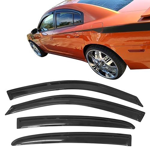 Tape on External Window Visors Compatible with 2011-2023 Dodge Charger, Slim Style Acrylic Black Sun Rain Guards Cover By IKON MOTORSPORTS, 2012 2013 2014 2015 2016 2017 2018 2019 2020 2021