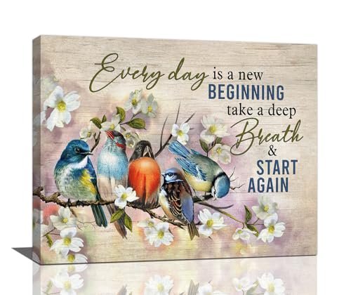 Funaluz Arte de pared de pájaros, rama de granja, flores, rústico, decoración de pared, lienzo impreso, pintura moderna para oficina, sala de estar, dormitorio, 16 x 20 pulgadas