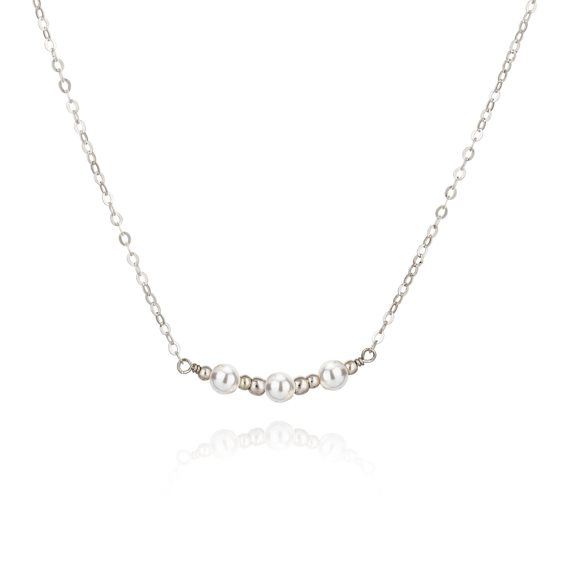 Annika Bella Dainty Pearl Bar Necklace, 15-17 Inches Chain, 925 Sterling Silver Necklaces, Simulated Pearl Jewelry for Women, Gift for Her