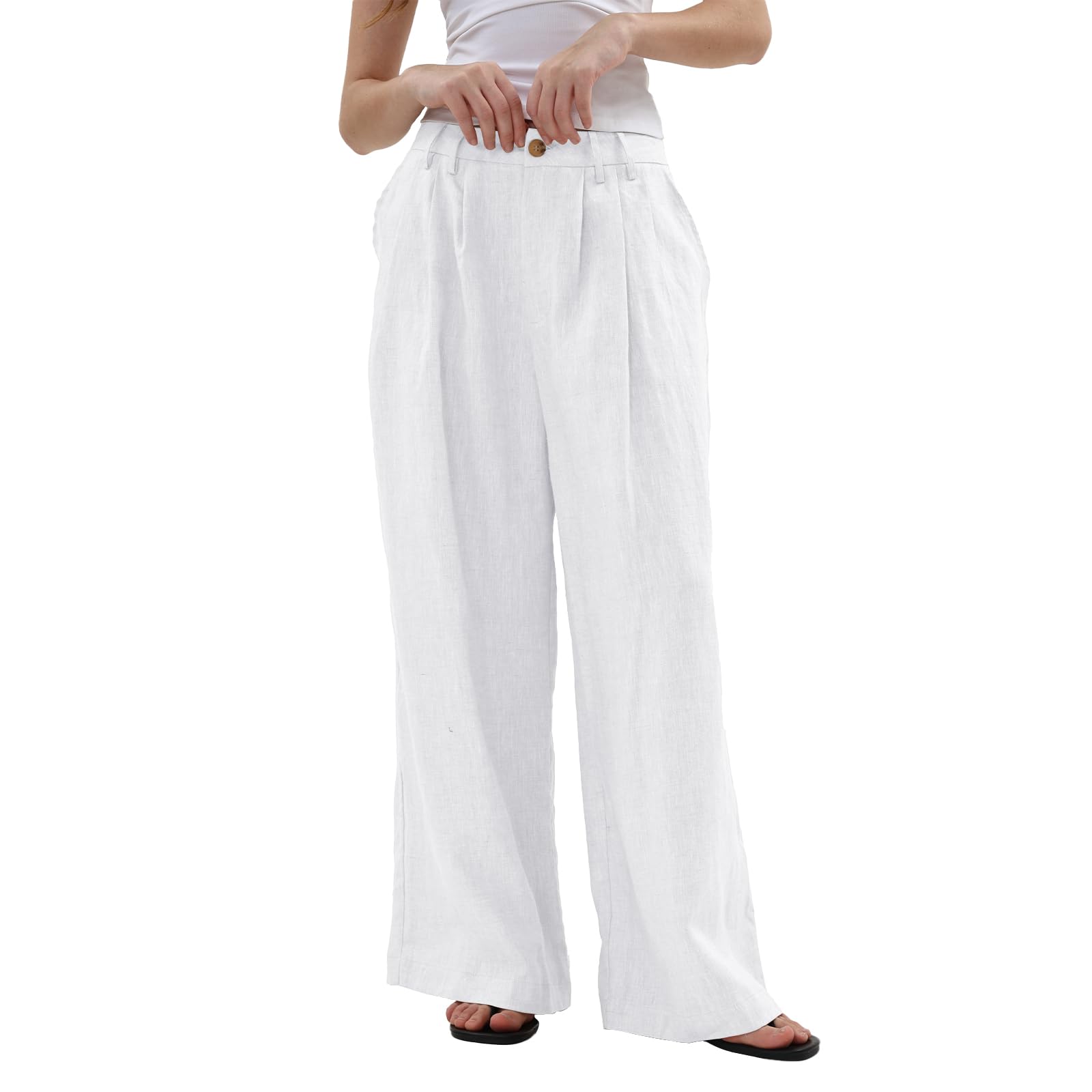 Amazhiyu Pantaloni da donna in puro lino, casual, a gamba larga, con tasche, vestibilità larga, pantaloni formali da lavoro