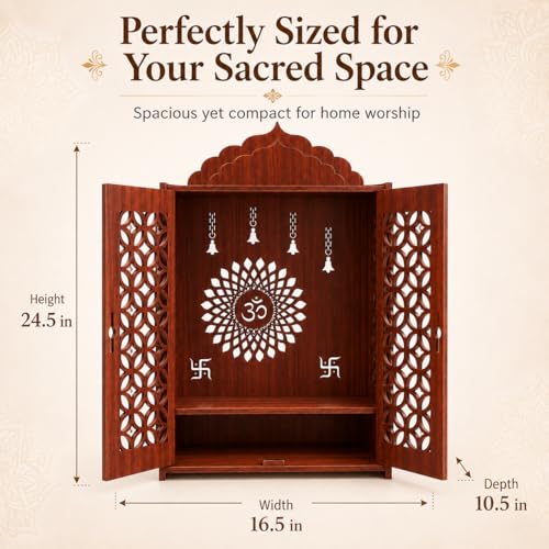 Image of The Castle Decor Wooden Mandir for Home, Premium MDF Home Temple with Double Doors for Pooja Room, Wall Hanging & Tabletop Temple, Matte Finish, 16.5 x 24.5 x 10.5 Inch