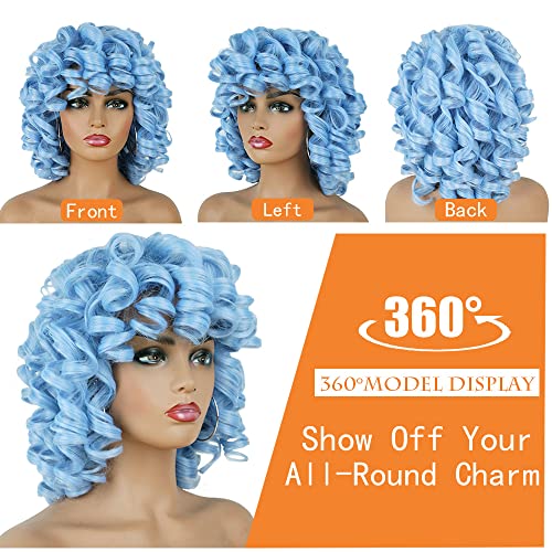 Phoenixfly Short Afro Curly Wigs For Black Women Loose Curly Fluffy Shoulder Length Natural Looking Hair Wigs Heat Resistant Hair Replacement Wigs With Wig Caps (Blue) #TOP1