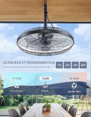 TRUYOK Ventilateur de plafond d'extérieur avec éclairage et télécommande IP65 étanche IP65 - Lampe de plafond silencieuse à intensité variable avec ventilateur 6 vitesses - Pour chambre à coucher – vue 5