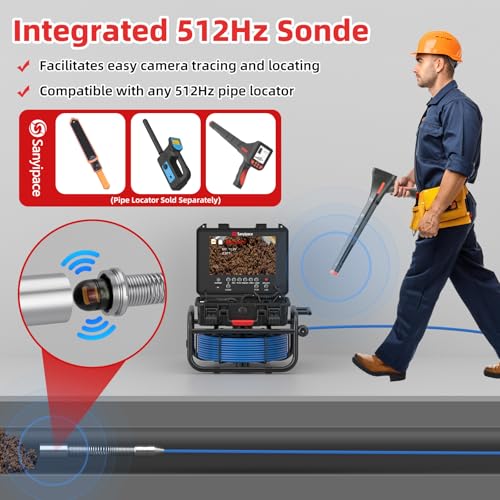 Image of Sanyipace Sewer Camera Self-Leveling 165FT /50M, 512Hz Sonde, Distance Counter, 5-Level Adjustable Brightness, 4500mAh Battery, IP68 Waterproof Pipe Camera for Drain Snake, Plumbing, Duct, Plumber