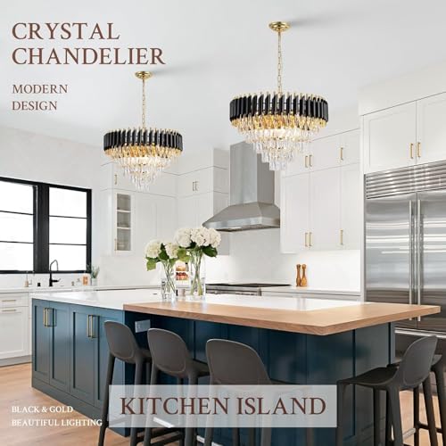 Image of Modern K9 Crystal Chandeliers Gold -Round Crystal Chandelier for Living Room Colors.Warm White, Moon Light,Golden,Led Plate Included (Black Gold, 600MM)