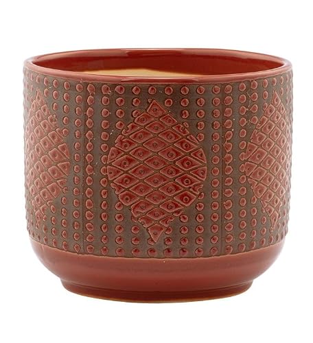 Napco Red & Brown Embossed Planter Pot with Geometric Pattern Hobnail Large 6.5” H, Op 7.5” Dia Ceramic Indoor Outdoor Plant Pots for House Plants, Flowers, Herbs