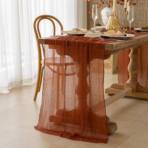 Image of 2Pcs Fall Golden Cheesecloth Table Runner 120 Inch Party Home Decor | For Thanksgiving Friendsgiving Wedding Bridal Shower Baby Shower Engagement Party Rustic Boho Autumn Home Decor
