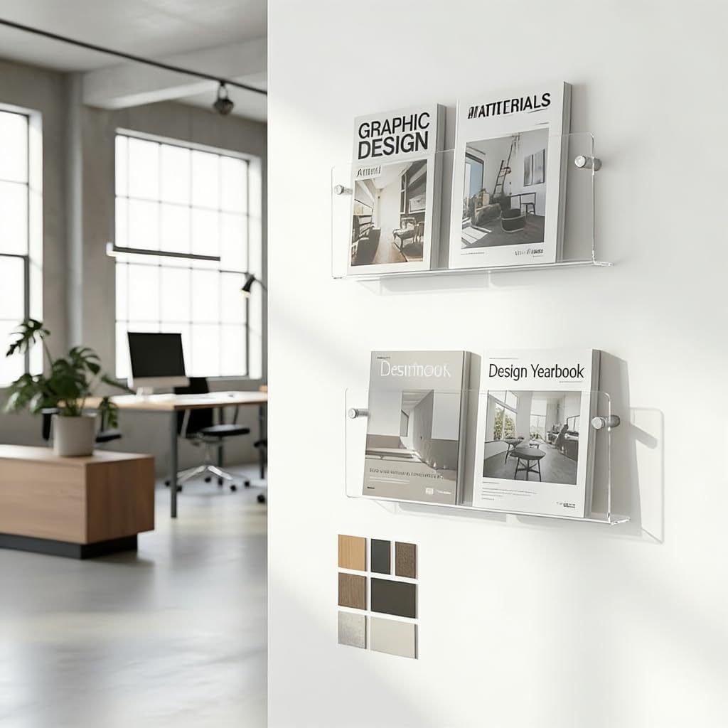 2-Pack Acrylic Magazine Holder Wall Mounted - Clear Wall Shelf Organizer for Books, Brochures, Mail, Office, Home, Living Room, Waiting Room Storage