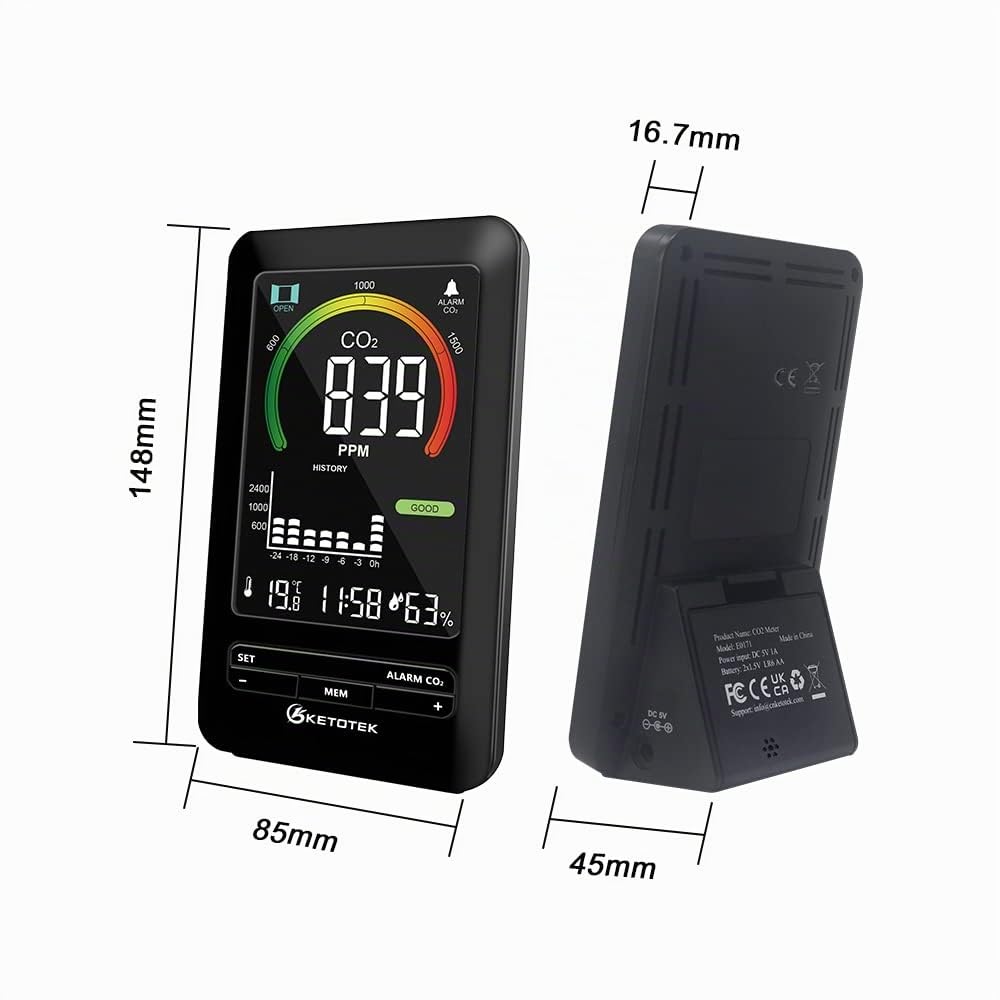 KETOTEK Detecteur CO2, Moniteur de Qualité de L'air Intérieur, Capteur CO2 avec Alarme, Détectant la Dioxyde de Carbone Température et Humidité