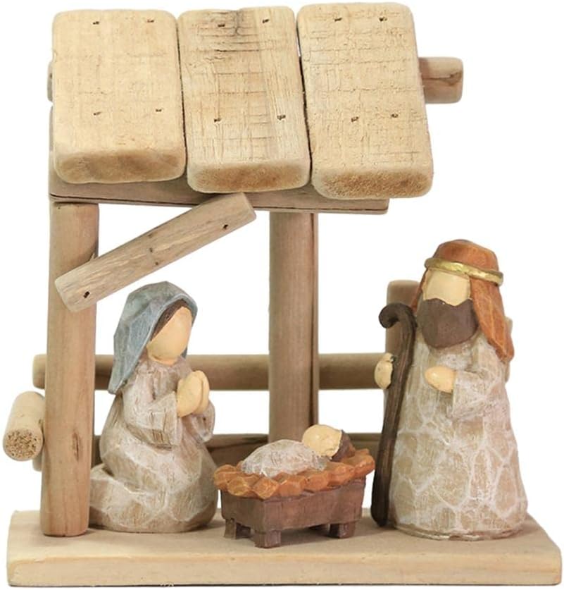 Nativity Scene Figures Manger Miniatures Craftsparty Decor, Wood Figure Cabin