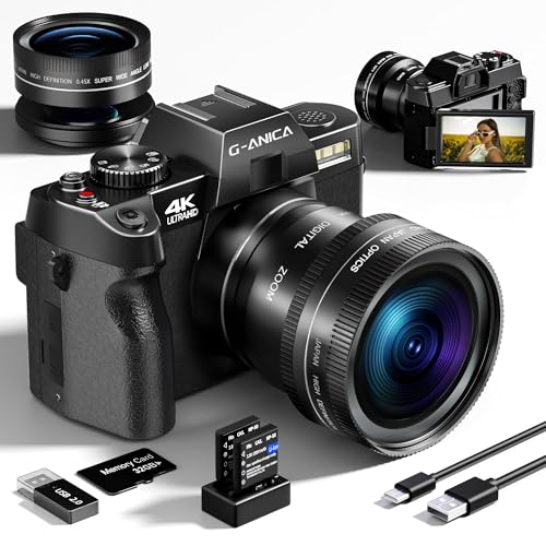 G-Anica 4K Vlogging Camera with Detachable Macro & Wide Lens Kit - WiFi & App Control, Supports Up to 48MP Photos, Compact Digital Cam for Beginners, 16X Zoom & Anti-Shake (32GB Card Included)