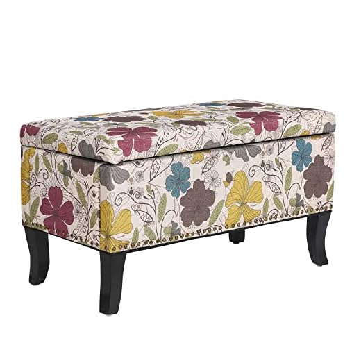 Adeco 32 inch Rectangular Storage Ottoman Bench, Floral Printed Linen Upholstered Ottoman Foot Rest, Fabric Ottoman Bench with Wooden Legs for Living Room, Entryway or Bedroom