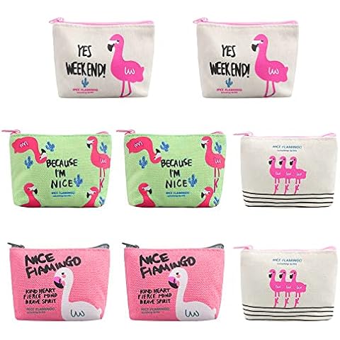Dadabig 8 PCS Flamingo Coin Purse, Flamingo Handbag Cute Canvas Coin Purse Coin Zip Purse Zipper Wallet Pouch Canvas Change Cash Bag with Zipper for Cards, Keys, Cash, 4 Styles Cover