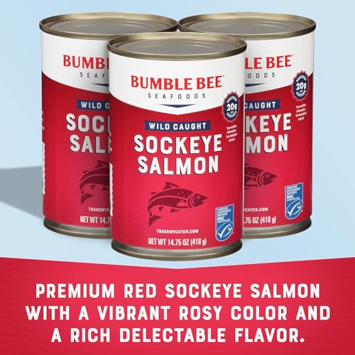 Image of Bumble Bee Red Sockeye Salmon with Skin & Bones, 14.75 oz (Pack of 12) | Wild Caught, 20g Protein per Serving, Omega-3 Rich, Gluten Free, Keto Friendly