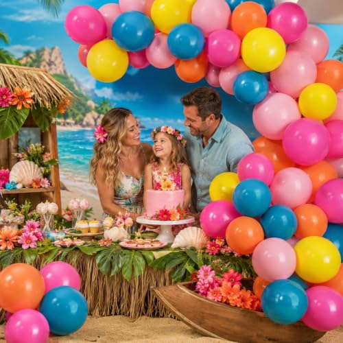 Image of Tropical Balloons, 12 Inch Summer Hawaiian Balloons, Hot Pink Orange Teal Pink Yellow Colorful Latex Balloon Multicolor for Luau Pool Flamingo Aloha Beach Fruit Birthday Back to School Party Decor