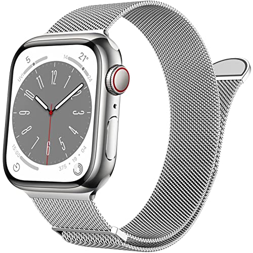 Marge Plus for Apple Watch Band Series 7 6 5 4 3 2 1 SE 38mm 40mm 41mm 42mm 44mm 45mm Women and Men, Stainless Steel Mesh Loop Magnetic Clasp Replacement for iWatch Bands (41mm/40mm/38mm, Silver).