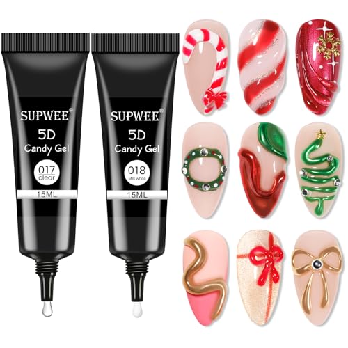 SUPWEE 3D-Nagelgel für Nail Art, 2 Farben 15g Klar und Weiß, Emboss Sculpture Painting Gel, 5D-Geprägtes Candy-Gel für DIY Nageldekoration und Maniküre
