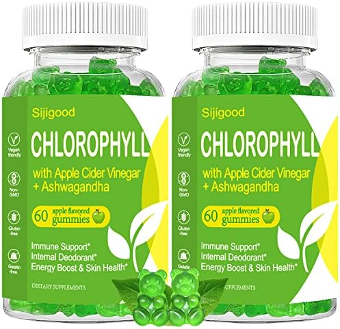 2 Pack Organic Chlorophyll Gummies with Ashwagandha, Black Seed Oil, Apple Cider Vinegar, Moringa, Probiotic for Body Odor, Natural Deodorant, Energy Digestion Skin Hair, Adults Kids Women Men, 120Ct