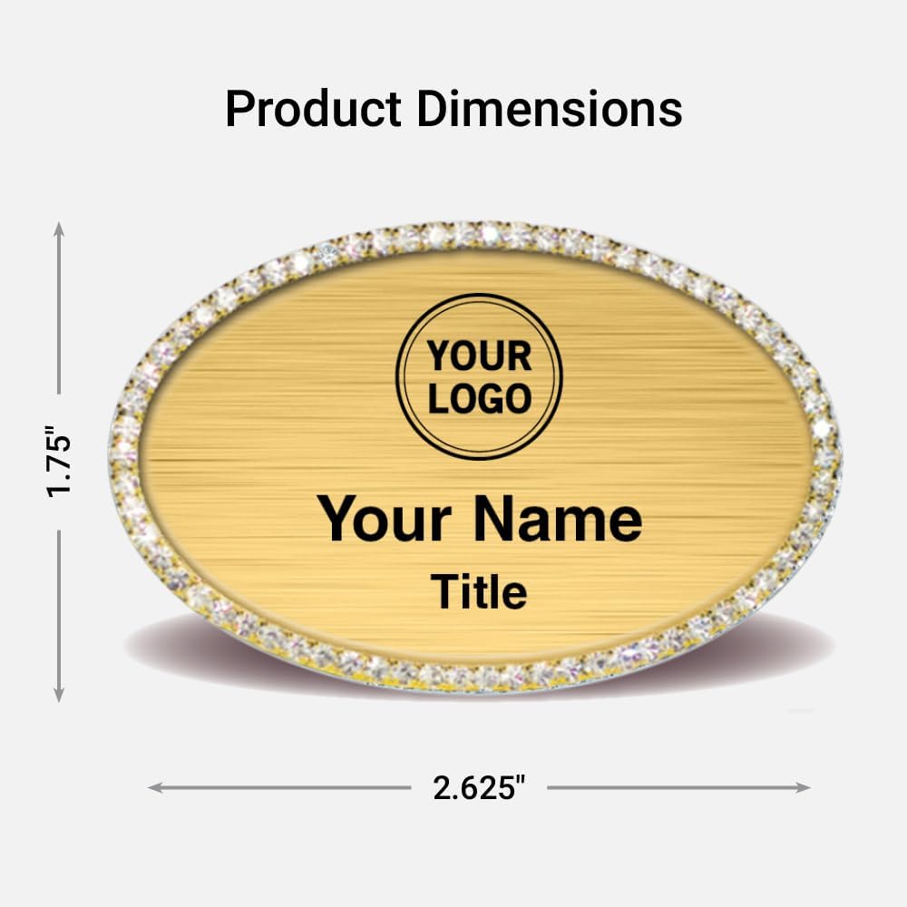Bling Oval Name Badge - Hand-Set Crystal Frame (Gold or Silver) - Custom Text & Logo - Pin or Magnetic Fastener (Pin Included, Magnet Upgrade Available) - 2.625′′ × 1.75′′