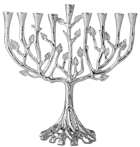 Ner Mitzvah Tree of Life Hanukkah Menorah, Fits All Standard Chanukah Candles, Silver Candle Menorahs for Chanukah - Silver Tone Design