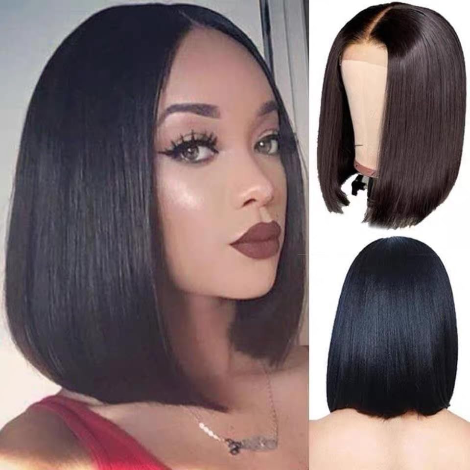 8 Inch Short Straight Wig Cover Natural Black, heat-resistant matte synthetic hair, breathable and adjustable wig suitable for women's daily/party/role-playing image 3