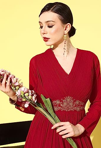 LYMI LABEL Gown for Women - Georgette Pleated Neck design Embroidery Belt Work Maxi Gown LYMI LABEL Gown for Women - Georgette Pleated Neck design Embroidery Belt Work Maxi Gown