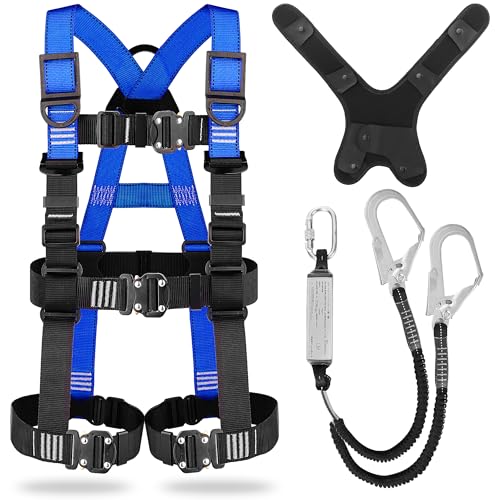 [TT TRSMIMA] フルハーネス 新規格 セット フルハーネス安全帯 - 安全保護 ワンタッチ バックル 脱着簡単 ハーネス安全帯 ランヤード付き 2丁掛け 肩パッド 収納袋付き 墜落制止用器具 高所作業用 電気工事 落下防止
