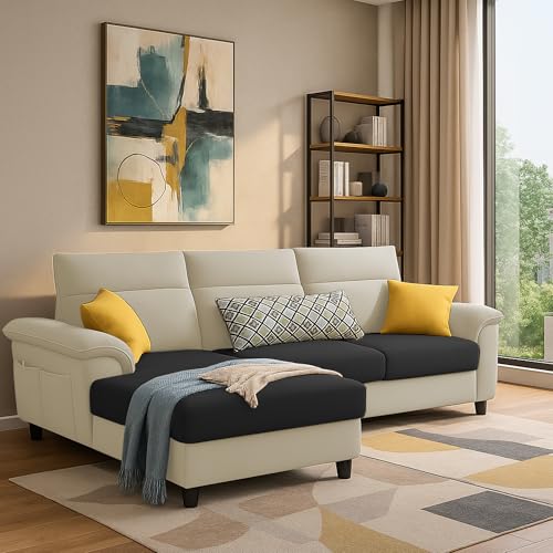Image of Casaliving Seams LHS 4 Seater L Shape Sofa for Living Room (Cream Black Fabric) Premium Fabric Sofa