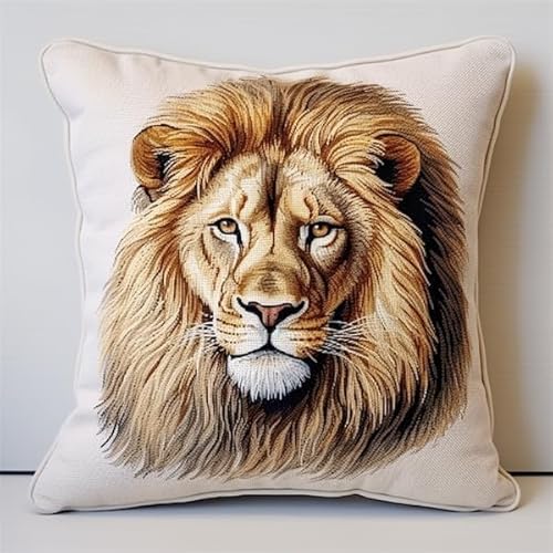 Lfynior Kreuzstich Kissen Set Löwe Stickkissen mit Muster 45X45cm Stickpackung Stickset Kreuzstich Kissen zum Basteln Stickkissen Stickpackung mit Vorgedruckt Kreuzstichmotiv