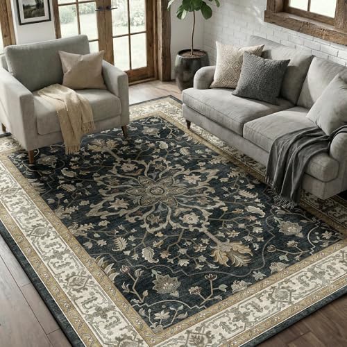 Image of RELEANY Washable Area Rug, 5'x7', Black /Vintage /Beige | Non-Slip, Water Repellent, Pet Friendly, Easy to Clean, Vintage Floral Boho Decor for Living Room Bedroom Dining Room Office