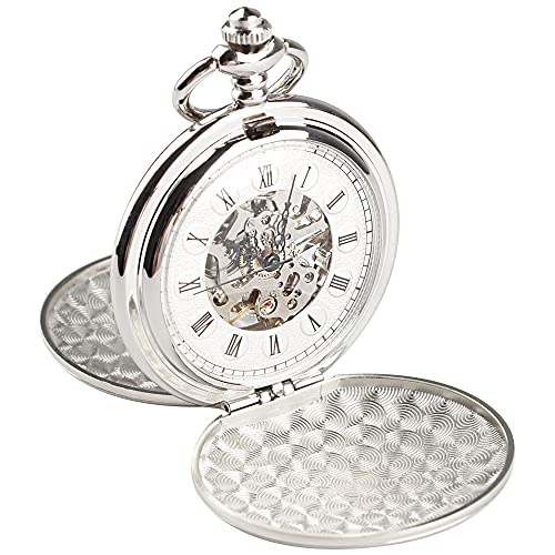 Tiong Double Hunter Mechanical Pocket Watch Full Luxury Silver Color Men Women Stylish Retro FOB Hand Wind Groom Groomsmen Wedding Pocket Watches Gift with Box