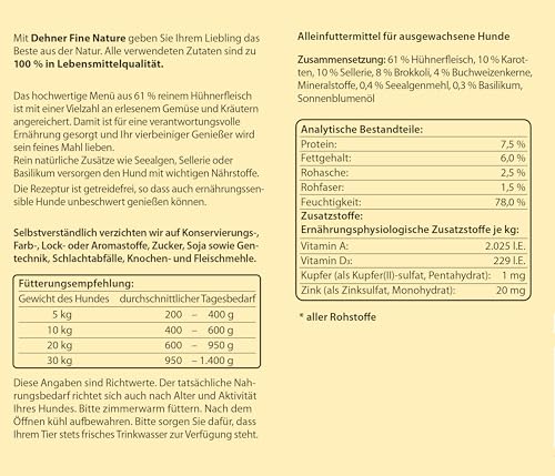 Dehner Fine Nature Hundefutter, Nassfutter in Lebensmittelqualität, für ausgewachsene Hunde, Huhn, 6 x 400 g Dose (2.4 kg)