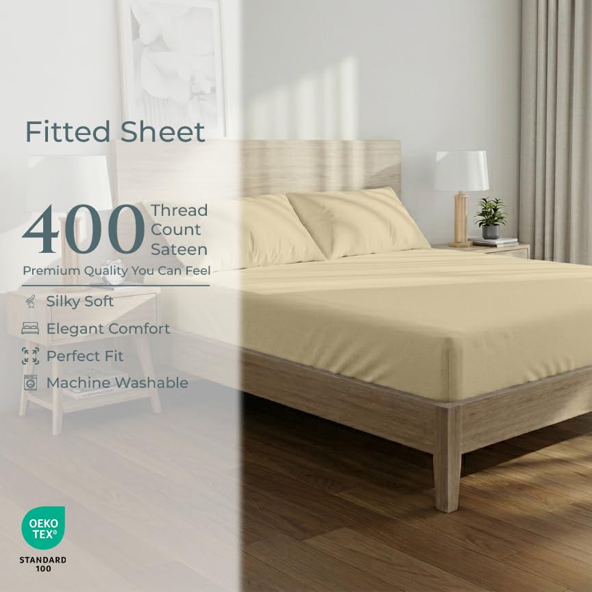 Image of Royale Linens 400 Thread Count Full Size Fitted Sheet Only - 100% Cotton Bed Fitted Sheet - Luxury Sateen Weave - All Around Elastic Deep Pocket - Soft & Durable Bottom Sheets - Fit Up to 16 inch (Sand)