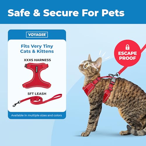 Image of Voyager Escape-Proof Step-in Lock Cat Harness & 5ft Neoprene-Handle Leash Set All-Weather Mesh with Reflective Stitching for Small to Large Cats by Best Pet Supplies, Red (327), XXXS