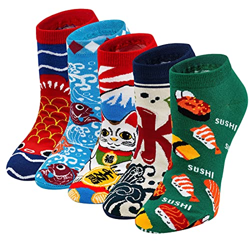 ZFSOCK Chaussette Femme Fantaisie Socquettes Drole: Motif De Nourriture Humour Rigolotes Amusante Mignonne Style Japonais Chaussettes En Coton 5 Paire,35-42,Sushi