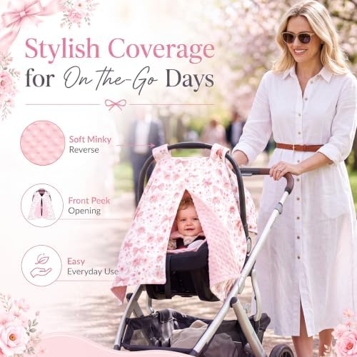 CrystalSylara Minky Baby Car Seat Cover, Butterfly Floral Winter Canopy — view 2