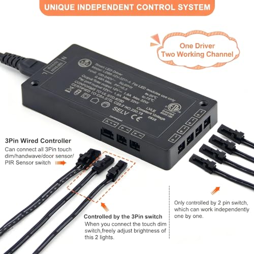 Image of VST LED Power Supply, 100V-240V AC to 12V 22W DC, Low Voltage Transformer with 12V JST Ports, Control Unit for Strip and Under Cabinet Lights, ETL Listed, Black