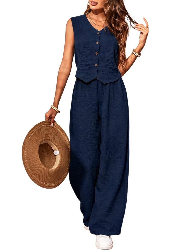 Tailleur Pantalone Donna Complete 2 Pezzi Gilet Top Senza Manica Scollo V Pantaloni Larghi a Vita Alta Completo Boho da Casuale Spiaggia