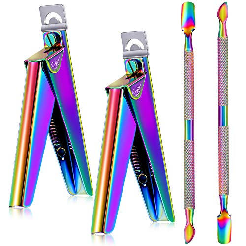 4 Pieces Acrylic Nail Clipper UV False Nails Tips Cutter Nail Art Edge Trimmer with Stainless Steel Cuticle Pusher Double Sided Nail Cleaner for Artificial Nail Art Manicure Tools, Rainbow Color