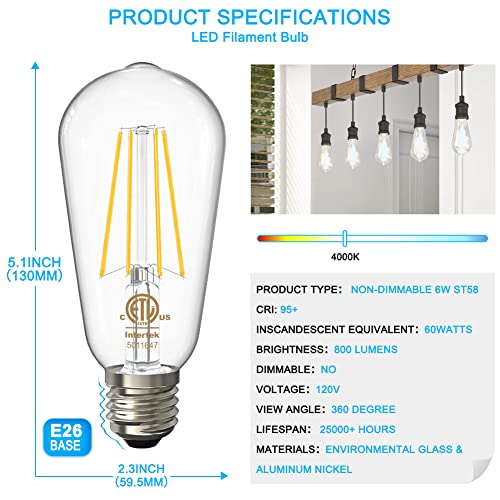 Volxon Edison Bulbs 60 Watt Led Equivalent, Incandescent Light Bulbs, 6W, 4000K Daylight White, 95+ Cri, Non Dimmable, Filament Bulbs Replacement 800Lm, E26 Base For Home Light, Etl Listed, Pack Of 8 #TOP5